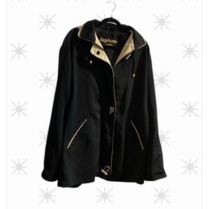 STEPHANE LONDON Black Rain Jacket w/removable hood!!! Gold Metal Toggle Buttons!